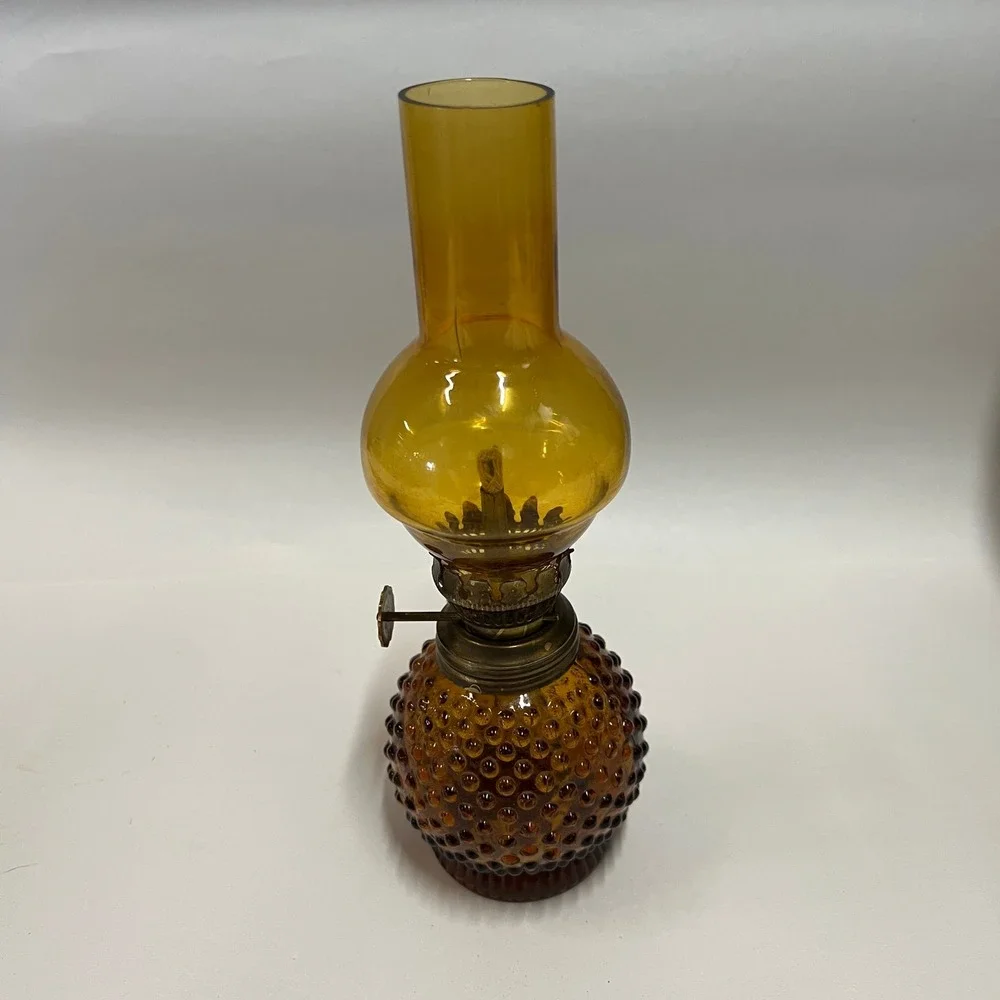 Vintage Amber Glass Hobnail Miniature Oil Lamp 8 1/4